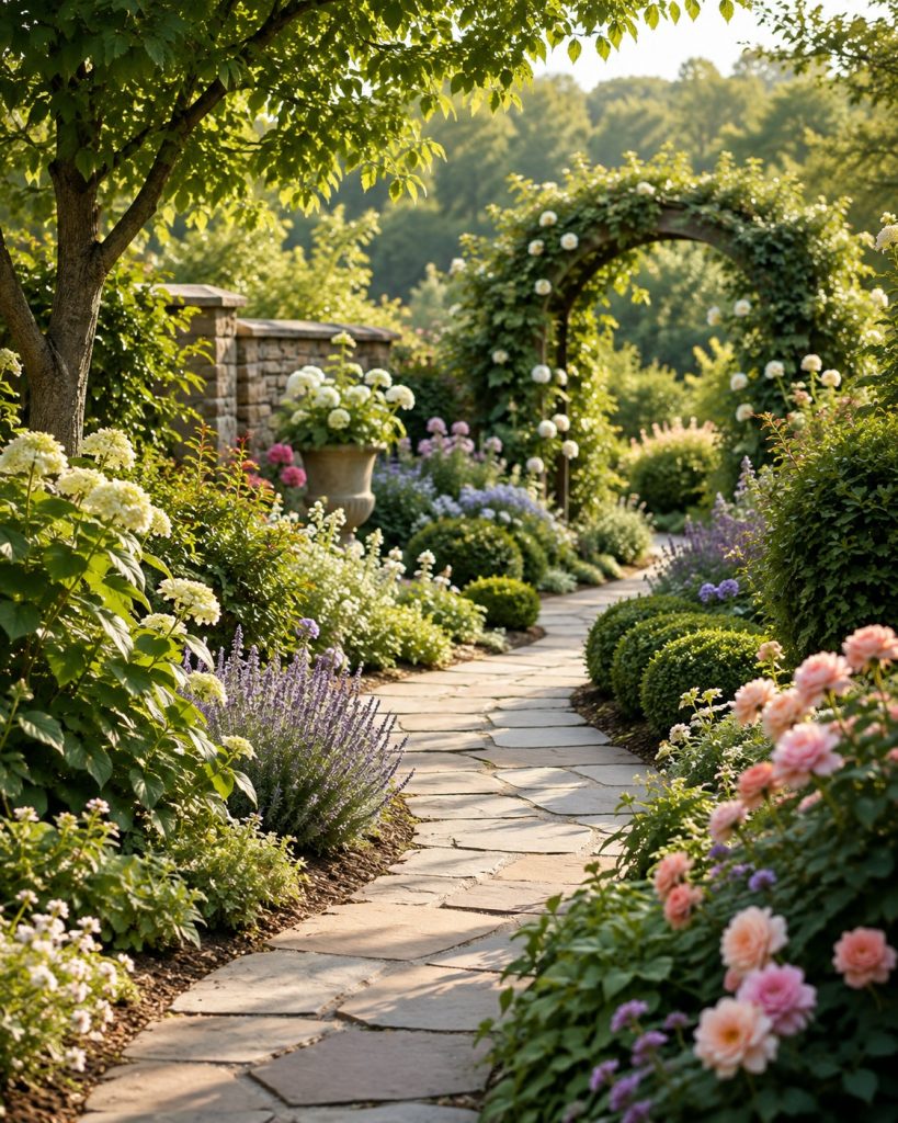 Sunlit cottage garden path surrounded by hydrangeas, roses, lavender, and layered greenery.